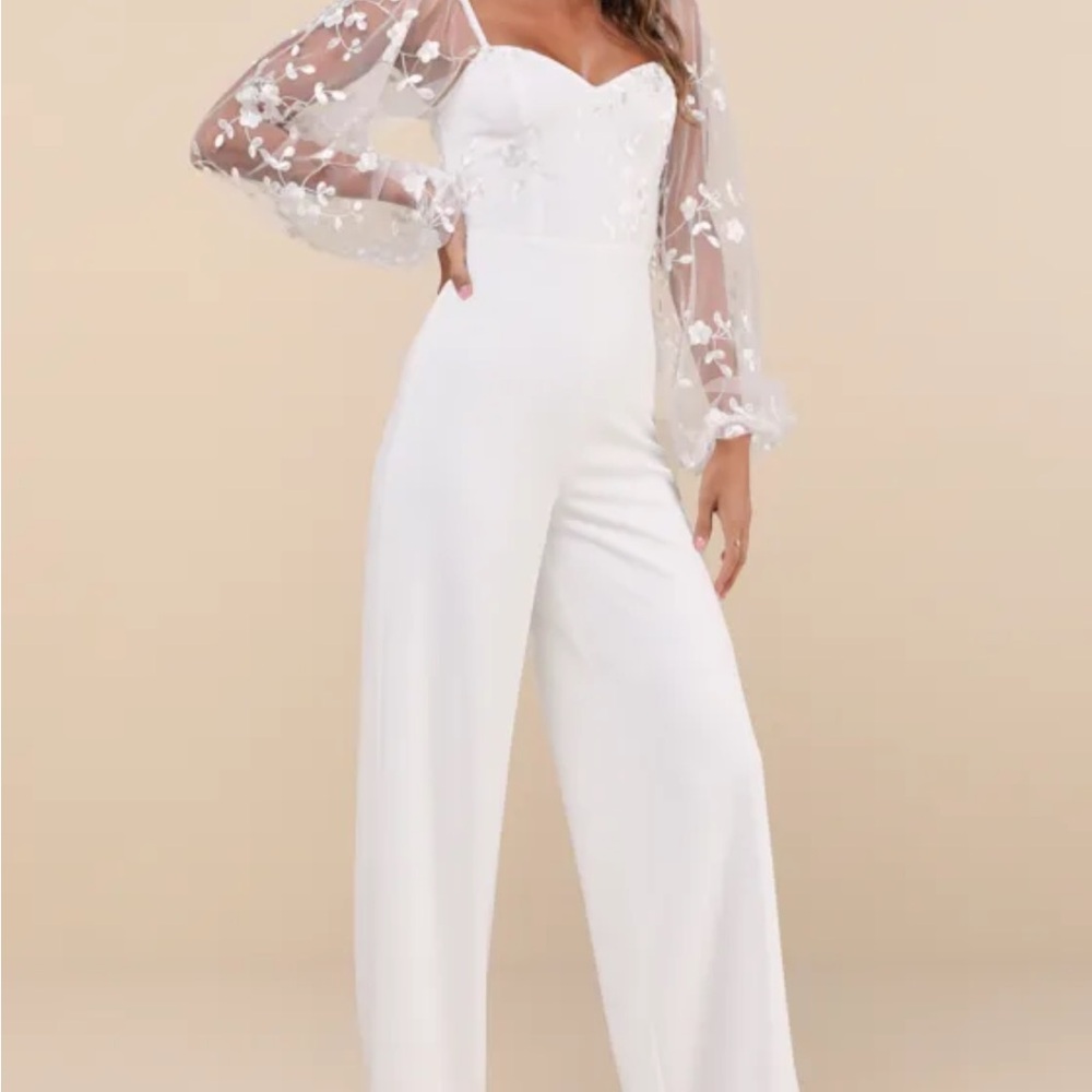 Darling Charisma White Mesh Embroidered Jumpsuit Lulus size small